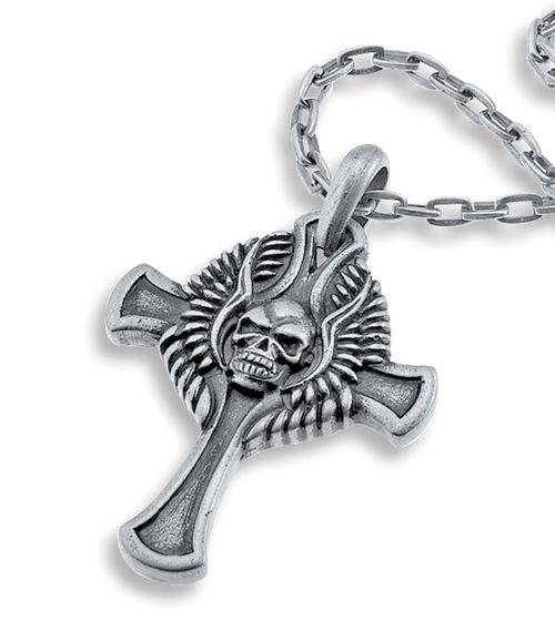 Mens Necklace Cross Skull and Wings